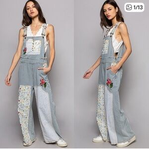 NEW POL Denim patchwork oversized overall with embroidery detail. Small